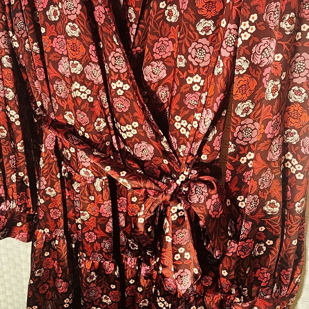 Floral Wrap Dress Red and Pink Silky Eco Friendly Recycled Fabric Fall Workwear - Picture 4 of 7